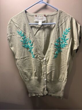 Nick & Mo Sage Green V-Neck Button Sweater Vest with Teal Embroidery